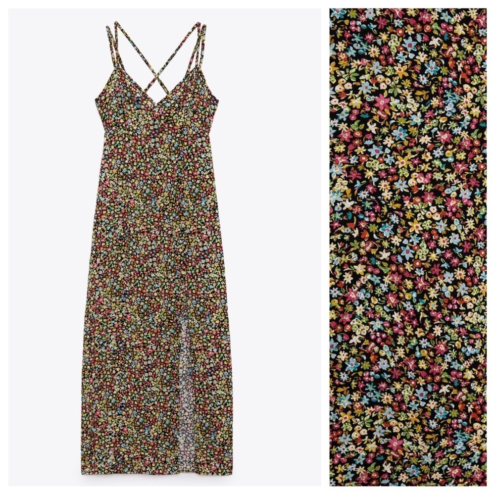 NWT. Zara Small Flowers Print Midi Dress with a V-neckline. Size S. - Picture 6 of 12